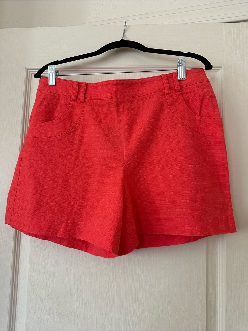 Anthropologie Elevenses Bright Coral Pink Textured Woven Cotton-Blend Shorts
